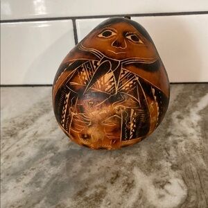 Vintage Folk Art Hand Carved Etched Gourd art Peruvian Woman.Folksy artsy rustic
